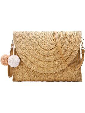 Women's Brown Clutch Beach Purse Envelope Woven Crossbody Bags Summer